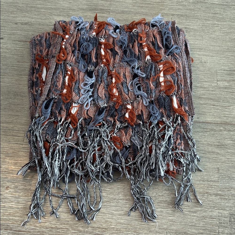 Textured Loop Fringe Scarf in Rust & Slate